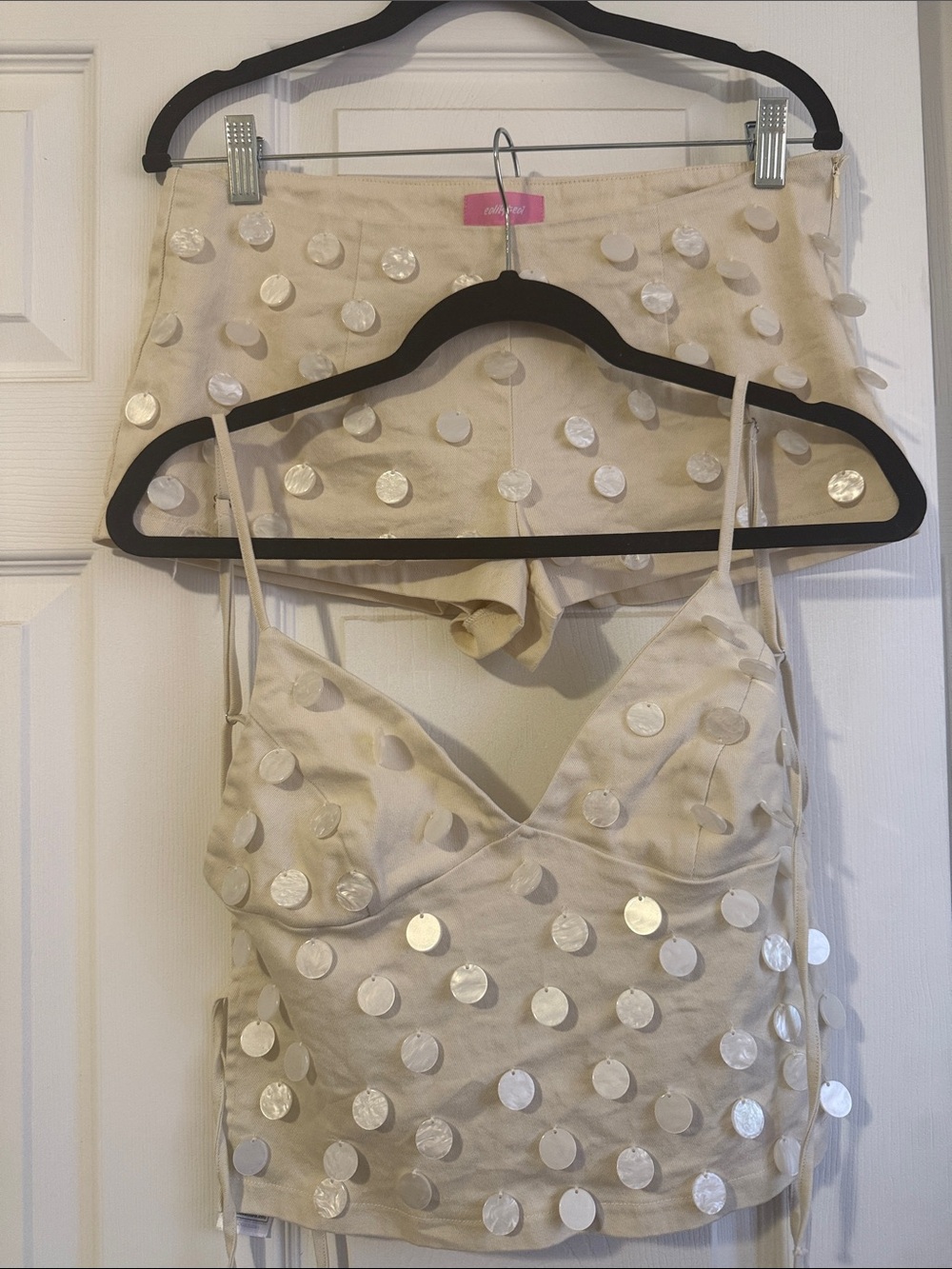 Edikted Cream Sequin Polka Dot Mini Skirt